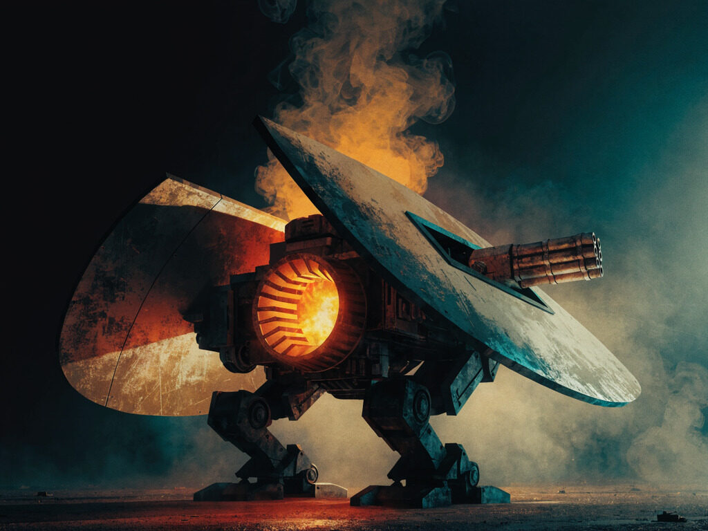 The Bulwark: a armoured across its front heavy-tier MAW machine caught mid wind-up, with its rear vent exposed.