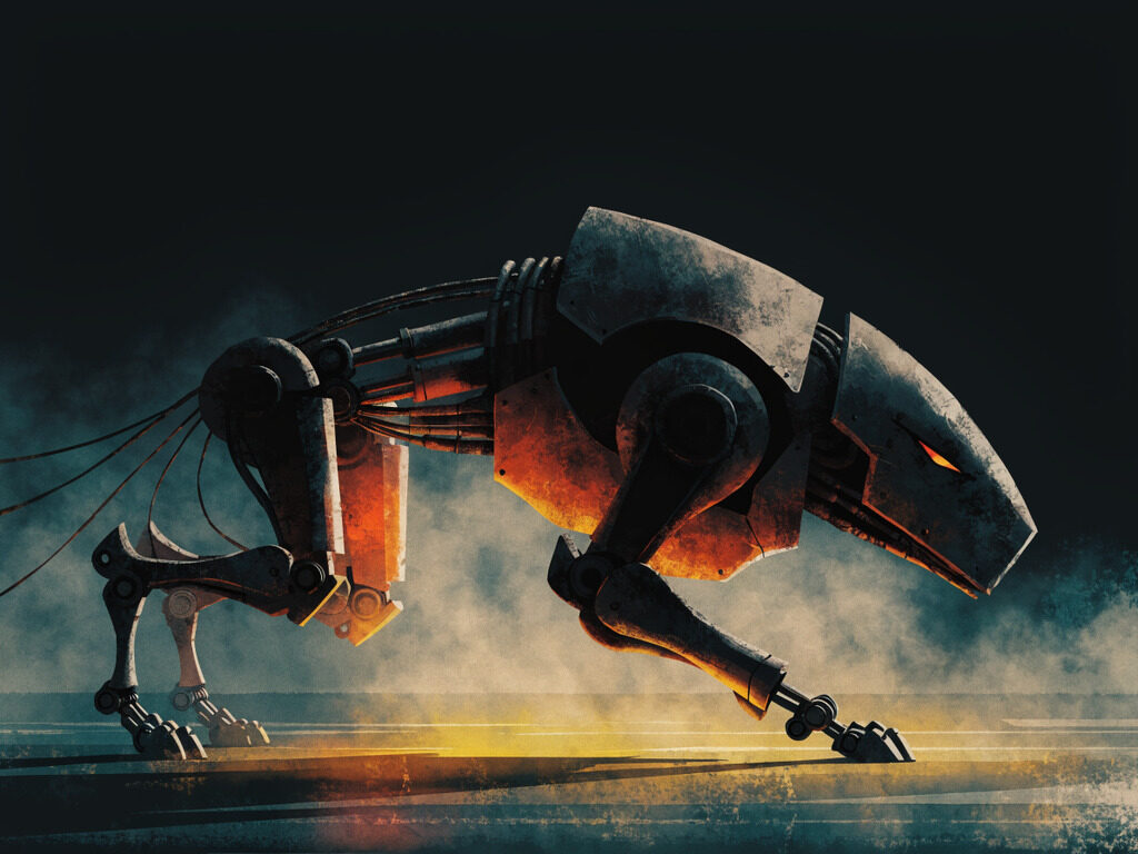 The Hound: a armoured across its front light-tier MAW machine caught mid wind-up, with its rear joints exposed.
