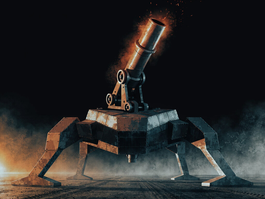 The Howler: a armoured all round heavy-tier MAW machine caught mid wind-up, with its barrel assembly exposed.