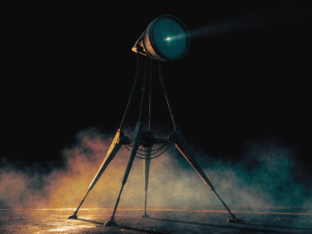 The Scryer: a armoured all round support-tier MAW machine caught mid wind-up, with its optic lens exposed.