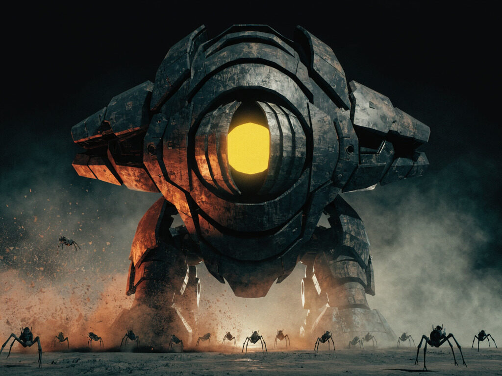The Sovereign: a armoured all round boss-tier MAW machine caught mid wind-up, with its shifting core plates exposed.