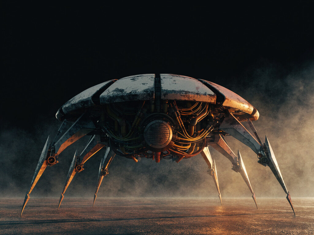 The Weaver: a armoured across its front heavy-tier MAW machine caught mid wind-up, with its underbelly exposed.
